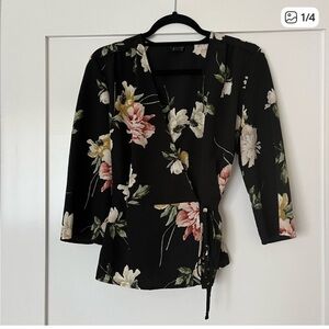 Topshop Black Floral Wrap Blouse